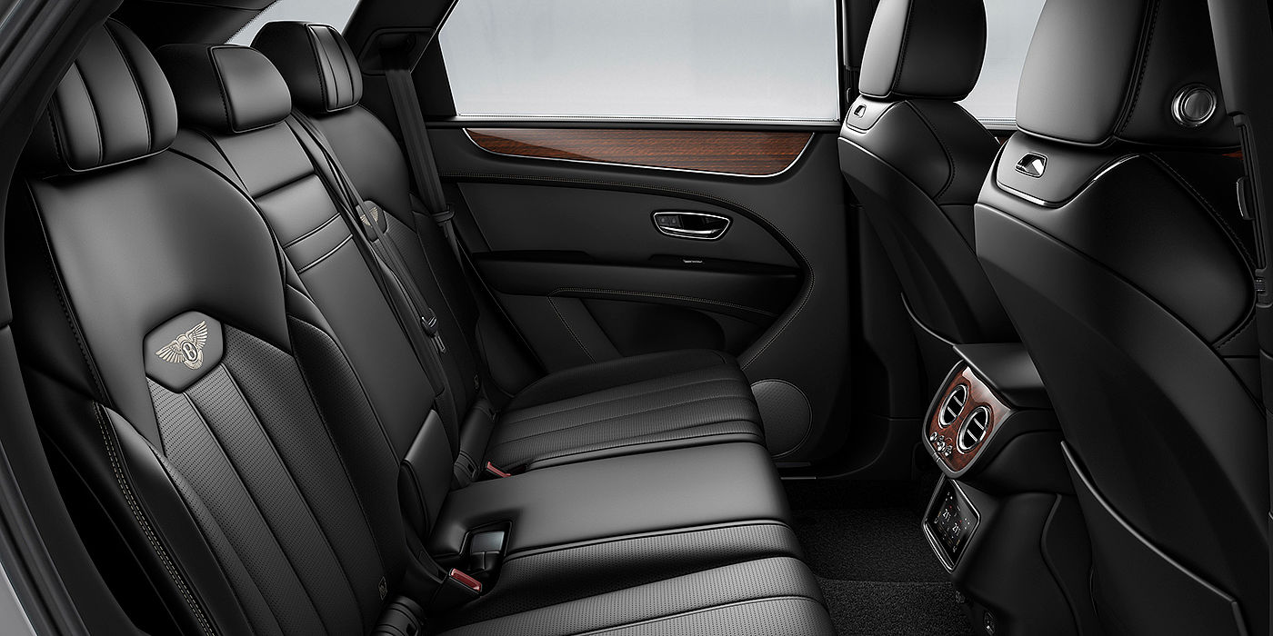 Bentley Jinan Bentey Bentayga interior view for rear passengers with Beluga black hide.