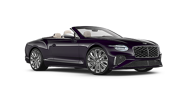 Bentley Jinan Bentley New Continental GTC Mulliner convertible front three quarter view in Damson paint with 22 inch Mulliner painted and polished wheel