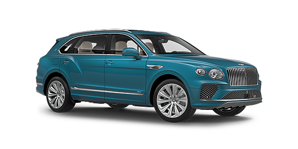 Bentley Jinan Bentayga Extended Wheelbase Azure luxury SUV front three quarter in Topaz Blue by Mulliner paint